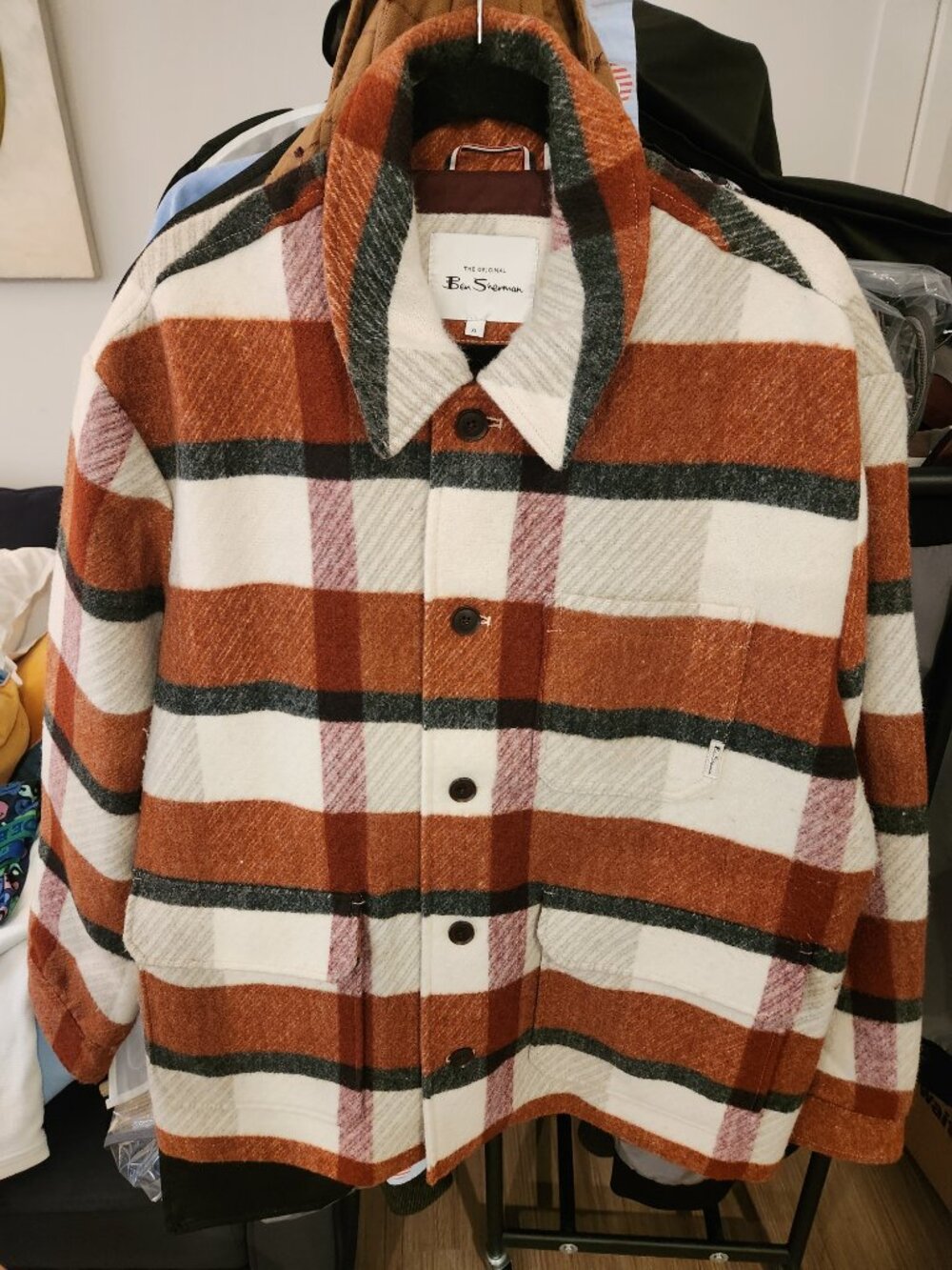 Ben Sherman Plaid Workers Jacket Overshirt Men’s XL Rust Orange Cream